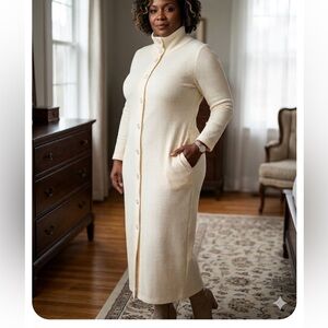 Anthony Richards Cream Ribbed Button-Front Long Knit Dress